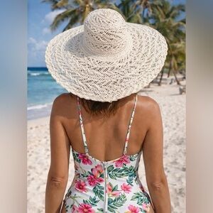 NINE WEST 🌴 Wide Brim Crochet Straw Sun Hat – Beach & Resort Style 🌴